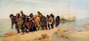 1873年、ロシアのヴォルガ川沿いのボートを引っ張っている囚人
